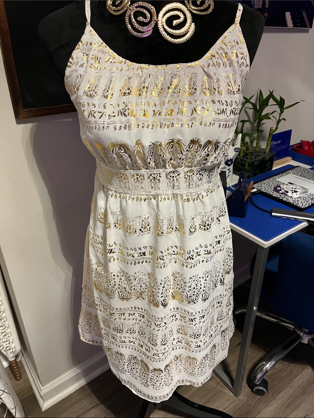 mark. White Mini Dress with Gold Foil Accents